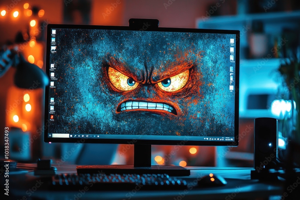 Poster a computer monitor displaying a digital art wallpaper of an angry face with glowing eyes.