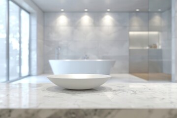 White bathroom interior. Empty marble table top for product display with blurred bathroom interior background. digital ai art