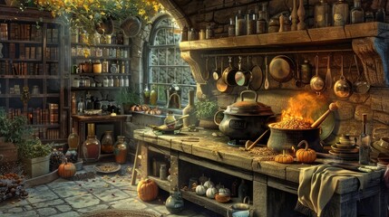 magical kitchen filled with bubbling cauldrons, herbs, and enchanted books, perfect for fantasy storytelling.