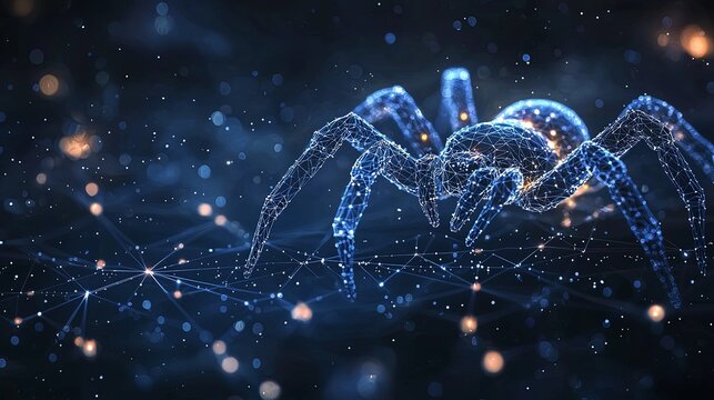 A digital representation of a spider crawling across a glowing network, symbolizing connections and interwebs of data in a futuristic, luminous style.