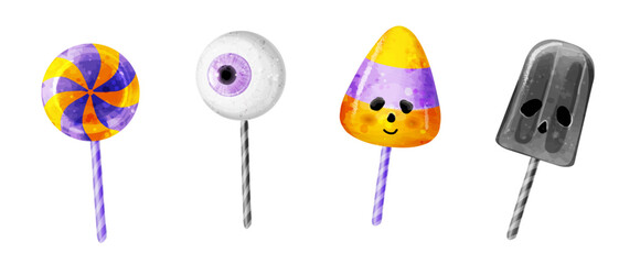 Halloween treats. Vector set of lollipops, candies, corn and ice cream.