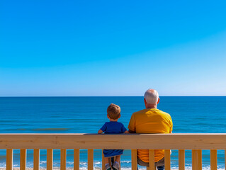 Grandfather sitting with his grandson on boardwalk relaxing 