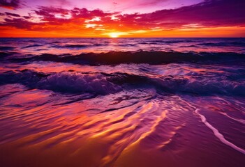 Fototapeta premium vibrant beach sunset showcasing silhouetted calm waves mesmerizing color palette, sky, clouds, water, reflection, nature, tropical, coast, orange, pink