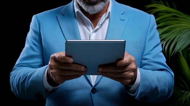 Focused on the Task: A mature businessman in a stylish blue suit, intently focused on his tablet, surrounded by a lush green backdrop.  The image embodies professionalism, technological proficiency.