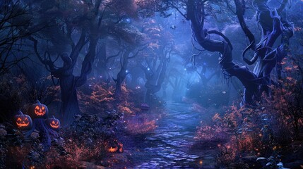 Fototapeta premium mysterious Halloween forest scene featuring glowing pumpkins, twisted trees, and an enchanting, foggy pathway.