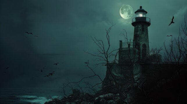 mysterious lighthouse under a full moon, surrounded by dark clouds and looming trees, creating an eerie, atmospheric scene.