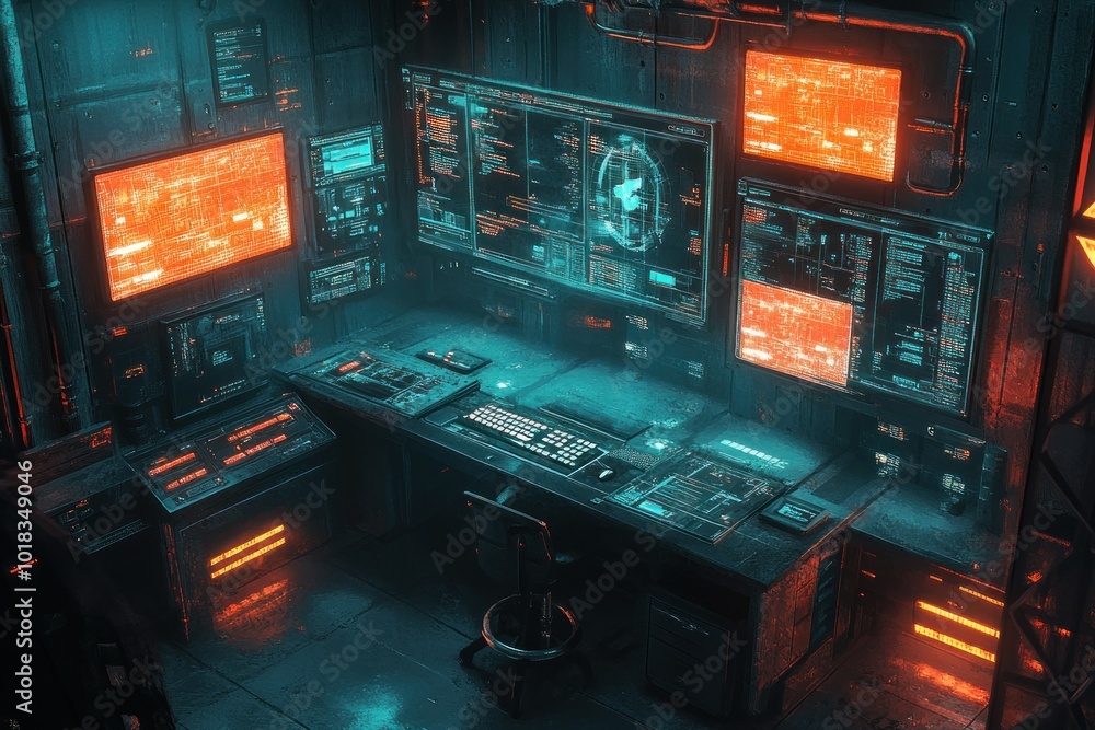 Poster a futuristic computer workstation with multiple monitors and a keyboard, lit by neon lights in a dar