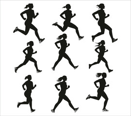 Set of women running silhouettes, Black silhouettes of women running, People running silhouettes, Running people silhouette set vector