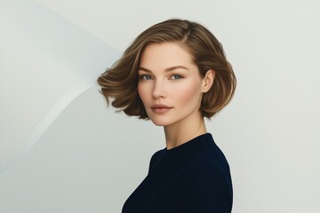 Fototapeta premium Portrait of a woman with stylish short brown hair, wearing a dark shirt, set against a soft background.