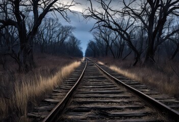 Fototapeta premium enigmatic shadows loom over forgotten train tracks forsaken landscape illuminated dim light, abandoned, desolate, eerie, haunting, mystery, darkness, rail