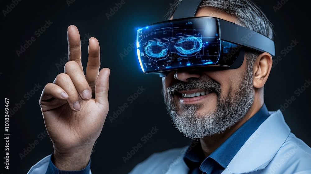 Poster smiling scientist in vr headset exploring metaverse