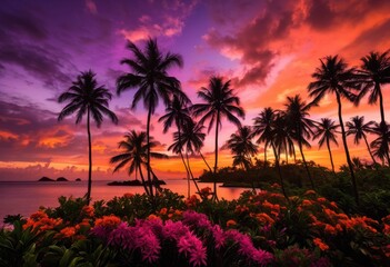 Obraz premium vibrant tropical scene featuring silhouettes palm trees colorful sunset sky amidst lush foliage, beach, coconut, colors, evening, flora, horizon, island