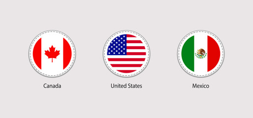 Northern America flags rounded stickers vector illustration. USA, Canada, Mexico official symbols set. American countries round flags icons with state name. Simple national symbols patches