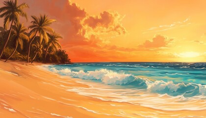 A serene beach at sunset with golden sands and turquoise waves, palm trees swaying gently in the breeze