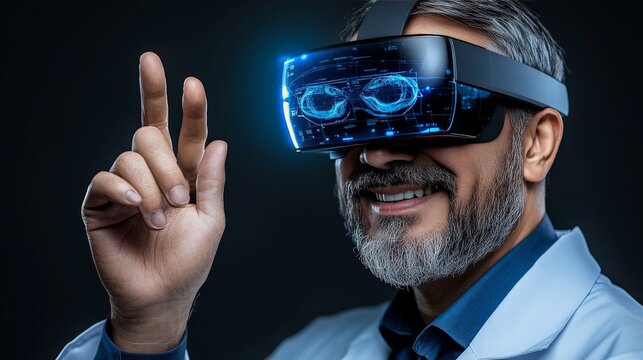 Smiling Scientist in VR Headset Exploring Metaverse 