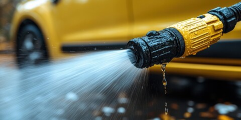 Water jet spraying from a yellow hose nozzle in front of a blurred yellow vehicle