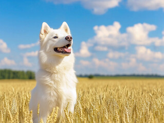 Happy husky dog on nature in a field with growing wheat 