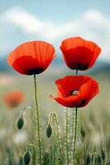 Obraz premium Vibrant red poppies bloom amidst green stalks, set against a soft-focus background, evoking a sense of tranquility and natural beauty