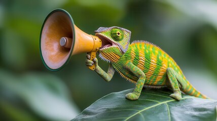 A chameleon perched on a leaf, holding a megaphone and blending in while making a quiet announcement   chameleon, megaphone, camouflage call