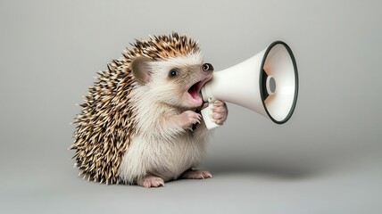 Fototapeta premium A hedgehog curled up, holding a tiny megaphone and squeaking through it hedgehog, megaphone, cute squeak