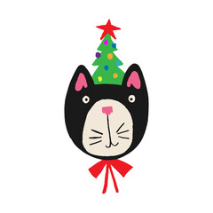New Year. Funny cat with a Christmas tree on his head. Trendy vector illustration.