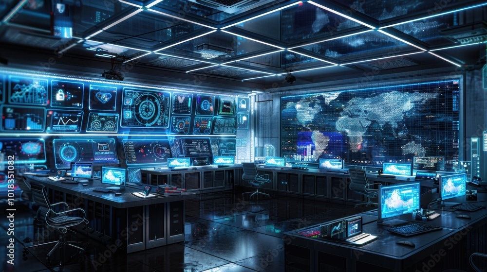 Aufkleber high-tech control room with digital interfaces and maps