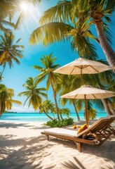 tropical beach embrace relaxation surrounded vivid scenery breathtaking nature paradise setting, sand, ocean, water, sky, sun, sunset, sunrise, palms