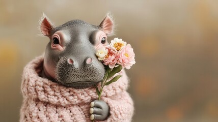 Naklejka premium Baby hippo Holding flower Innocence Soft colors