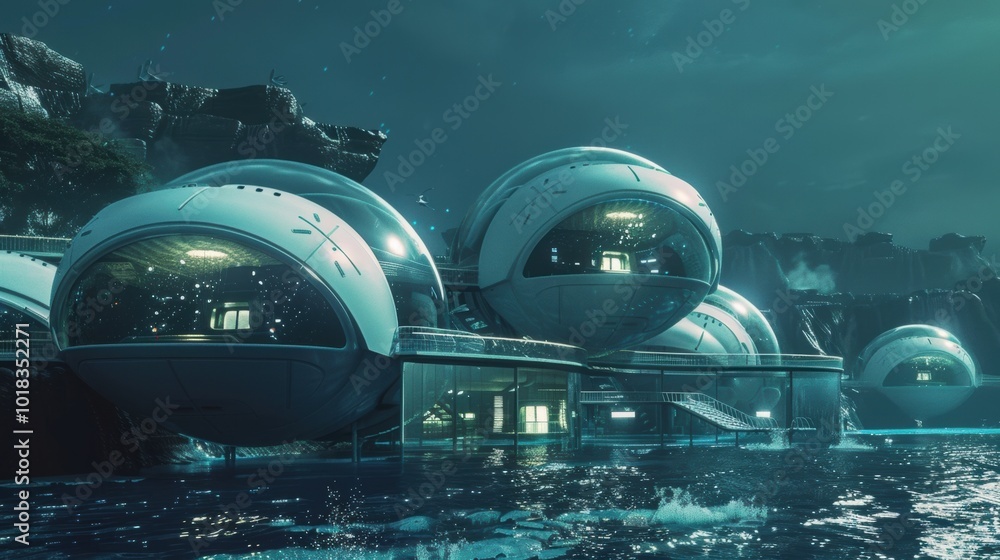 Poster futuristic floating structures in a nighttime landscape