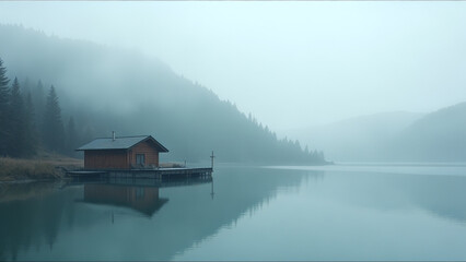 Fototapeta premium Small cabin sits on a dock in front of a lake