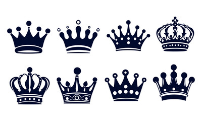 Set of Six Elegant Black Crown Silhouettes on White Background