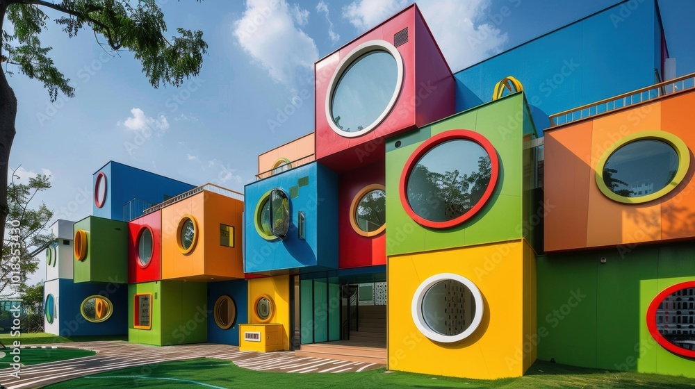 Poster Colorful Modern Architecture with Unique Circular Windows