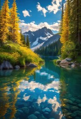 Obraz premium vibrant landscape serene mountain reflections crystal clear water under bright blue sky, adventure, breathtaking, beauty, blooming, clouds, colorful