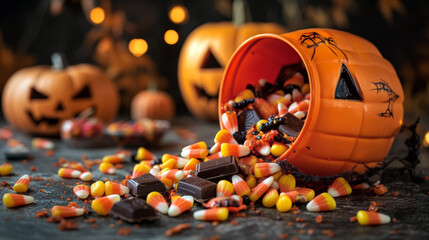 Halloween candy treats, candy corn, chocolate bars and gummy worms spilling out of a pumpkin bucket 