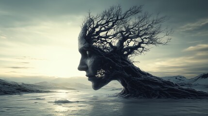 A stunning landscape features a surreal tree resembling a human face, merging nature and humanity in an artistic expression.