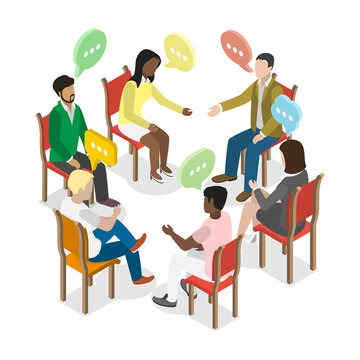 3D Isometric Flat  Illustration of Discussion Circle, Psychology Therapy
