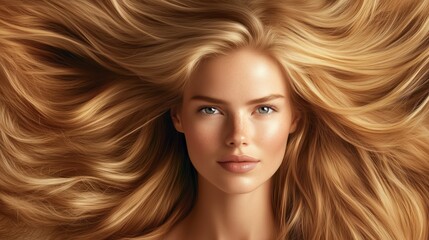 Obraz premium Portrait of a confident blonde woman with long, luscious hair flowing outwards, capturing beauty and elegance.