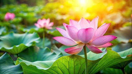 Fototapeta premium Gentle pink lotus flower on lotus leaf background in natural setting
