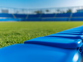 Naklejka premium long rows of blue seats on a sports field stand