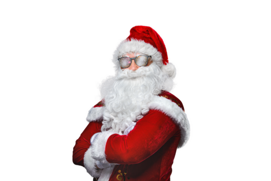 Cool Santa Claus is in sunglasses with arms crossed. Isolated in free png Background - Powered by Adobe