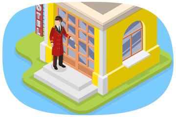3D Isometric Flat  Illustration of Doorman, Hotel Staff