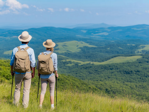 Loving mid aged couple with a backapacks hiking on the hills together