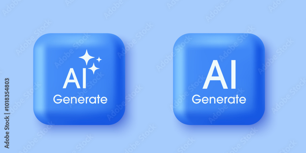 Poster Generative AI. 3D minimal blue buttons with Generate AI symbols. Artificial intelligence and machine learning technology concept. Press buttons to generate ideas. Vector illustration.