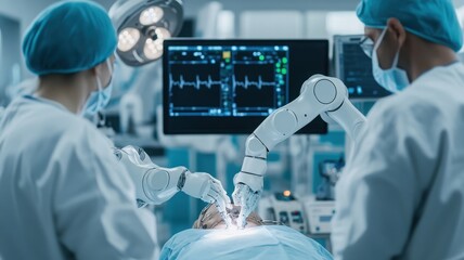 A modern surgical procedure showcasing robotic assistance in a high-tech operating room. Surgeons in masks and scrubs work diligently.