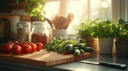 A beautifully arranged kitchen counter with freshly chopped vegetables, herbs, and spices, glistening under soft natural light. 