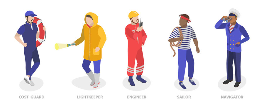 3D Isometric Flat  Set of Maritime Professions, Seacrew Characters