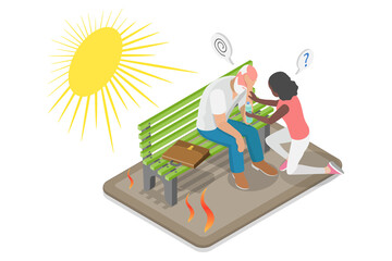 3D Isometric Flat  Illustration of Extreme Heat, Strong Sunlight, Hot Summer Day