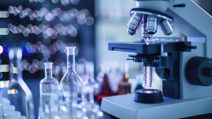 Laboratory Microscope with Research Equipment Background