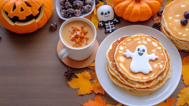 A Halloween breakfast feast with pancakes shaped like ghosts pumpkin-spiced lattes