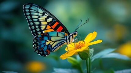 Fototapeta premium Beautiful orange butterfly sitting on a flower in nature marigold in a lively garden